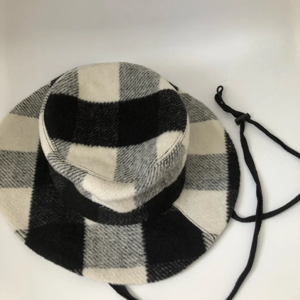 CLYDE Wool Check Hat - Black White Plaid Wide Brim + Chin Strap - Picture 2 of 5